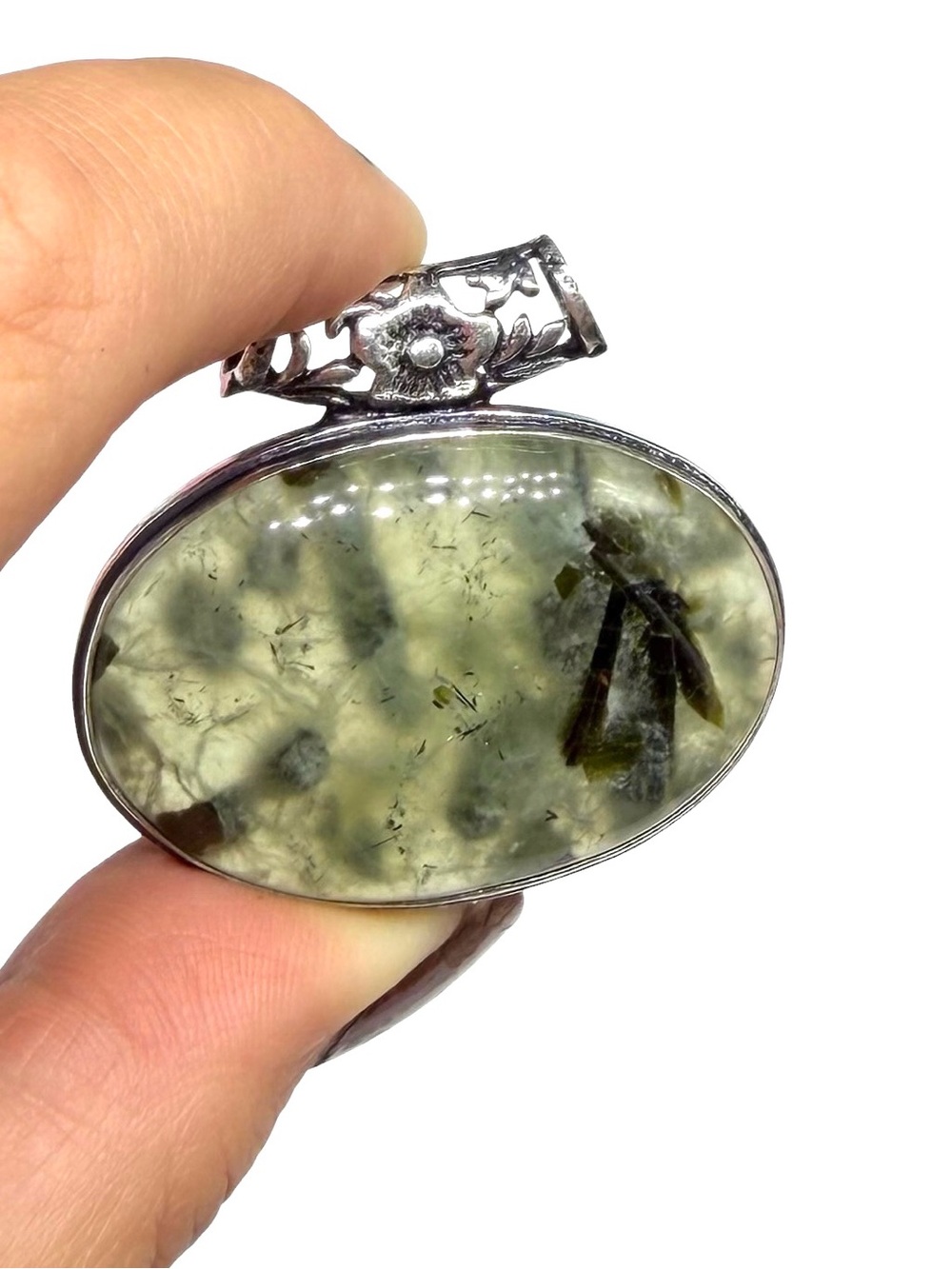 Moss Prehnite Necklace Pendant 925 Sterling Silver Overlay